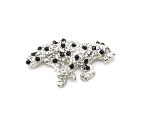 Broche-Epingle-Panthere-Leopard-Metal-Argente-et-Strass-Noir