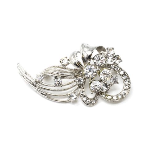 Broche-Epingle-Boucle-Fleur-Feuille-Metal-Strass-Argente