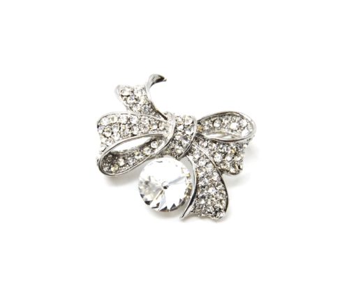 Broche-Epingle-Noeud-Relief-Metal-Strass-Argente-avec-Pierre