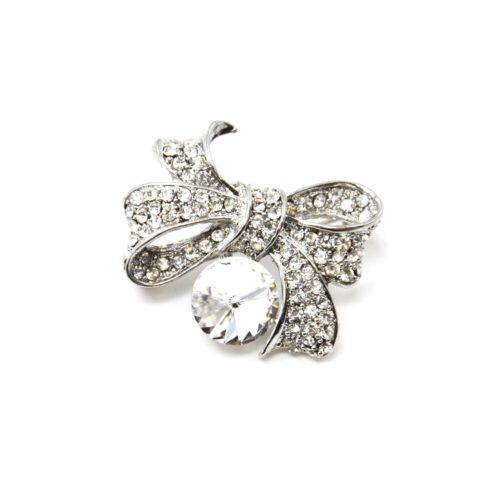 Broche-Epingle-Noeud-Relief-Metal-Strass-Argente-avec-Pierre