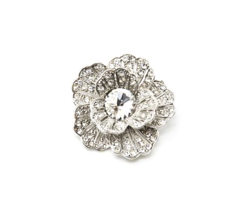 Broche-Epingle-Fleur-Relief-Metal-Strass-Argente-avec-Pierre