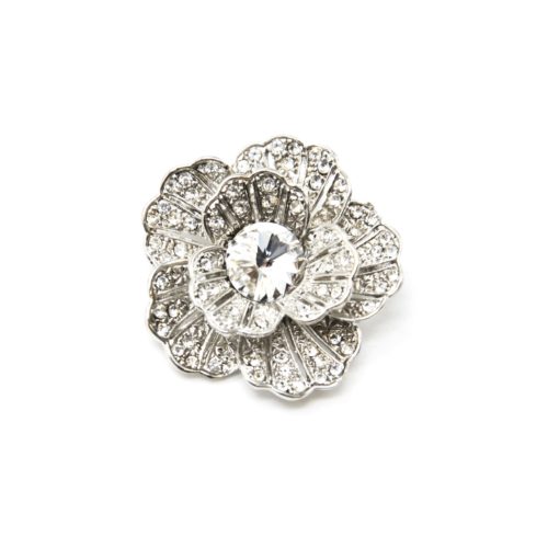 Broche-Epingle-Fleur-Relief-Metal-Strass-Argente-avec-Pierre