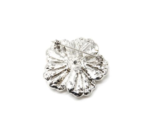 Broche-Epingle-Fleur-Relief-Metal-Strass-Argente-avec-Pierre