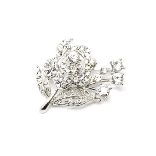 Broche-Epingle-Fleur-Strass-et-Feuilles-Motif-Ajoure-Metal-Argente