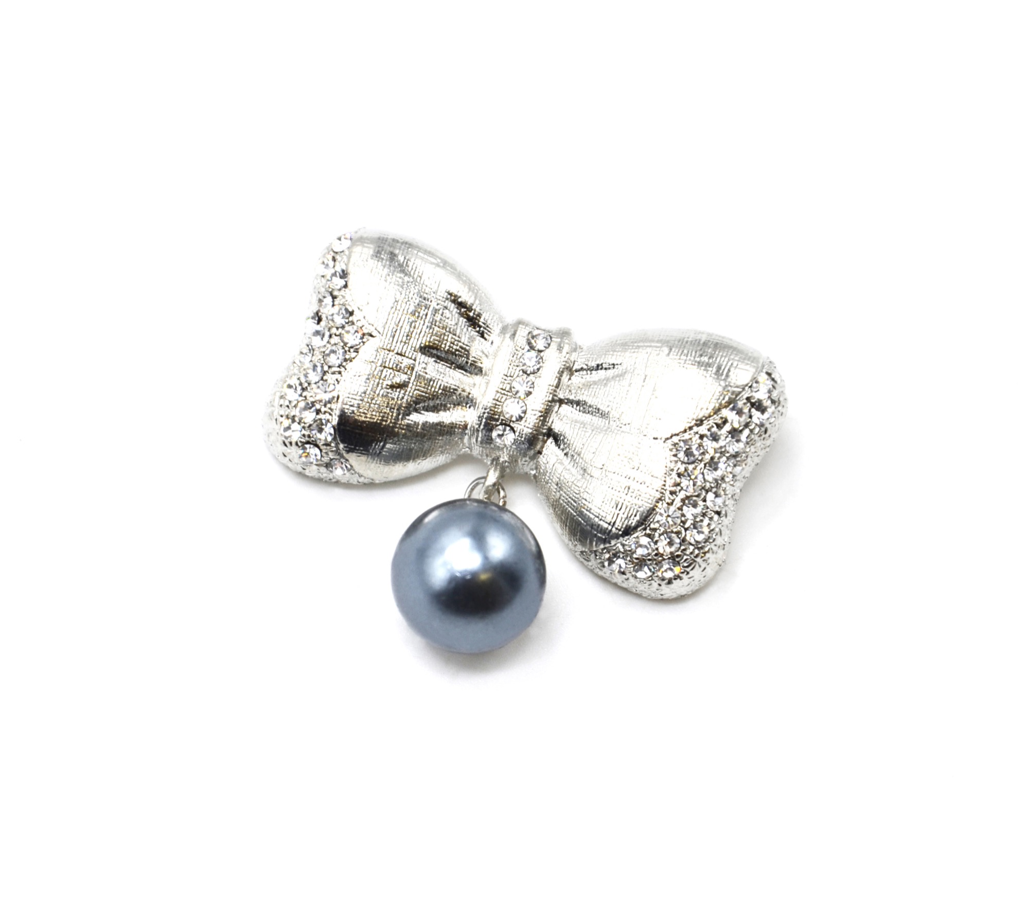 Broche-Epingle-Noeud-Relief-Metal-Strass-Argente-avec-Perle-Grise
