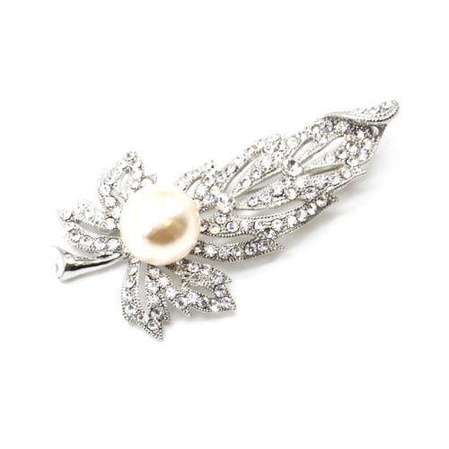 Broche-Epingle-Feuille-Ajouree-Metal-Strass-Argente-avec-Perle-Ecru