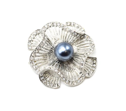 Broche-Epingle-Fleur-Ajouree-Rayures-Metal-Strass-Argente-avec-Perle-Grise