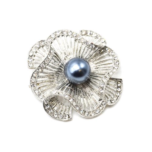 Broche-Epingle-Fleur-Ajouree-Rayures-Metal-Strass-Argente-avec-Perle-Grise