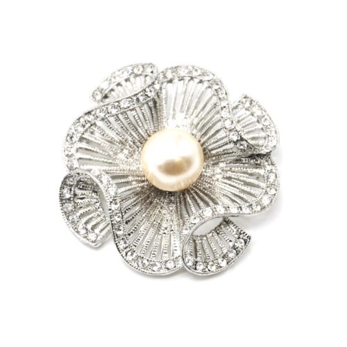 Broche-Epingle-Fleur-Ajouree-Rayures-Metal-Strass-Argente-avec-Perle-Ecru