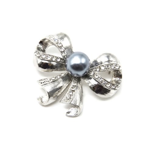 Broche-Epingle-Noeud-Relief-Metal-Strass-Argente-avec-Perle-Grise