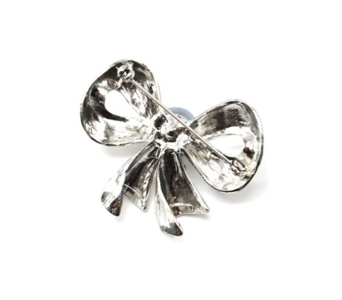 Broche-Epingle-Noeud-Relief-Metal-Strass-Argente-avec-Perle-Grise