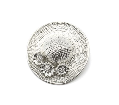 Broche-Epingle-Chapeau-Relief-Metal-Argente-avec-Fleurs-Strass