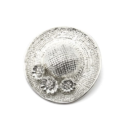 Broche-Epingle-Chapeau-Relief-Metal-Argente-avec-Fleurs-Strass