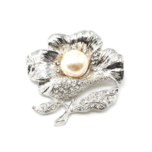 Broche-Epingle-Fleur-Metal-Strass-Argente-avec-Perle-Ecru