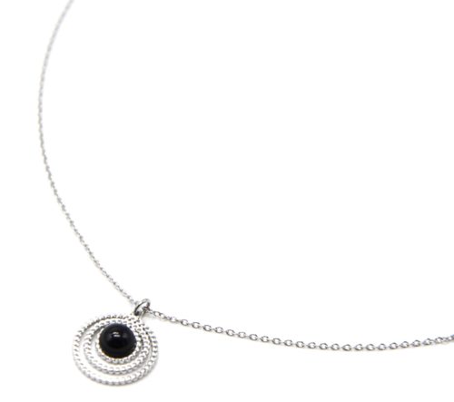 Collier-Pendentif-Multi-Cercles-Points-Acier-Argente-et-Pierre-Noire