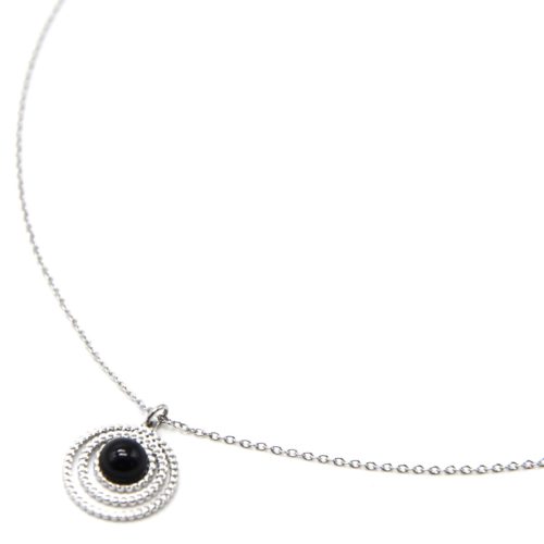 Collier-Pendentif-Multi-Cercles-Points-Acier-Argente-et-Pierre-Noire