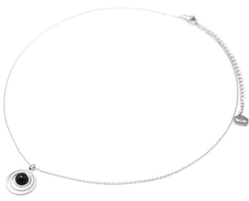 Collier-Pendentif-Multi-Cercles-Points-Acier-Argente-et-Pierre-Noire