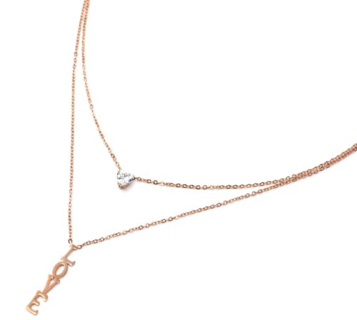 Collier-Double-Chaines-Pendentifs-Pierre-Coeur-et-Message-Love-Acier-Or-Rose