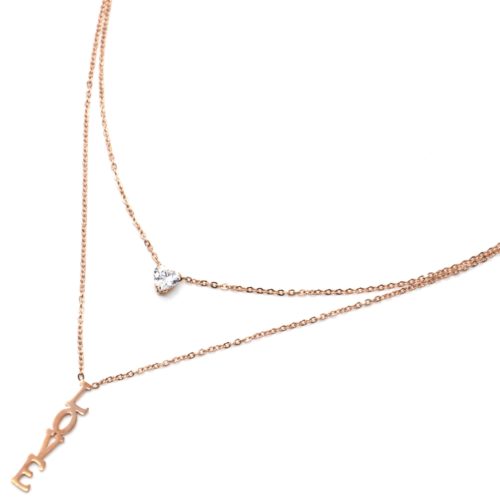 Collier-Double-Chaines-Pendentifs-Pierre-Coeur-et-Message-Love-Acier-Or-Rose