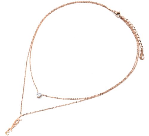 Collier-Double-Chaines-Pendentifs-Pierre-Coeur-et-Message-Love-Acier-Or-Rose