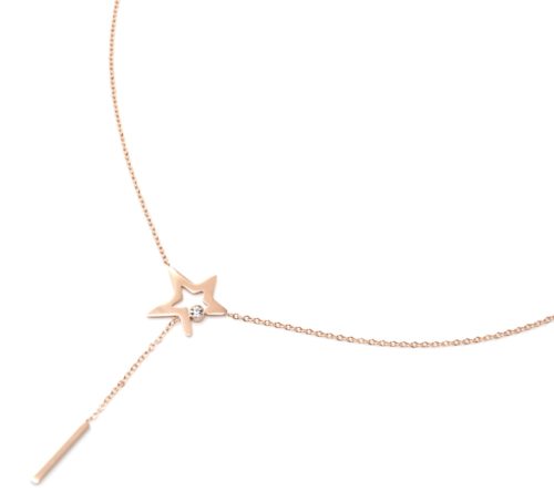 Collier-Fine-Chaine-Acier-Or-Rose-Pendentif-Y-Etoile-Strass-et-Barre-Pendante