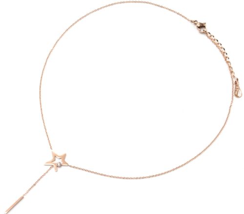 Collier-Fine-Chaine-Acier-Or-Rose-Pendentif-Y-Etoile-Strass-et-Barre-Pendante