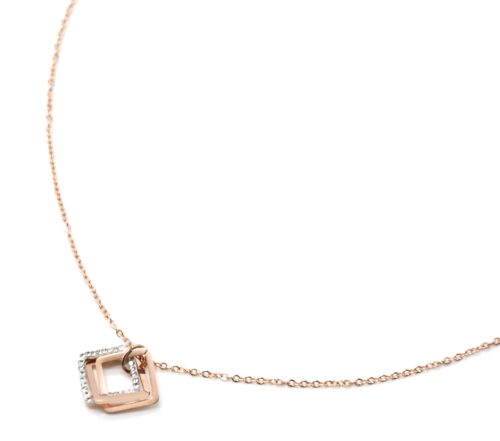 Collier-Fine-Chaine-Pendentif-Triple-Losanges-Contour-Acier-Or-Rose-et-Strass-Blanc