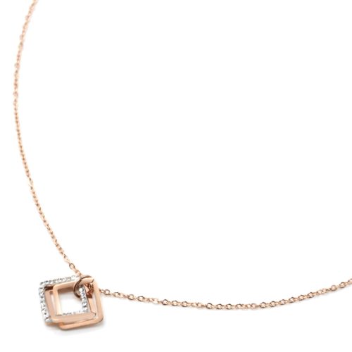 Collier-Fine-Chaine-Pendentif-Triple-Losanges-Contour-Acier-Or-Rose-et-Strass-Blanc