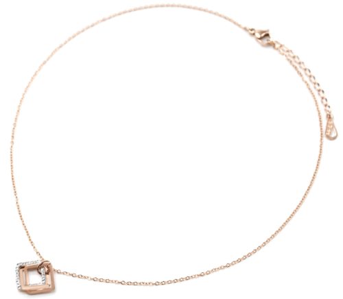 Collier-Fine-Chaine-Pendentif-Triple-Losanges-Contour-Acier-Or-Rose-et-Strass-Blanc