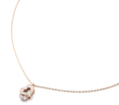 Collier-Fine-Chaine-Pendentif-Coeur-Contour-Acier-Or-Rose-et-Strass-Blanc-avec-Pierre