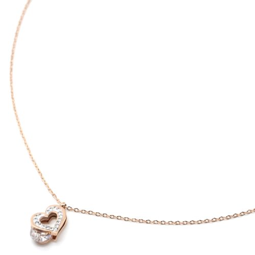 Collier-Fine-Chaine-Pendentif-Coeur-Contour-Acier-Or-Rose-et-Strass-Blanc-avec-Pierre