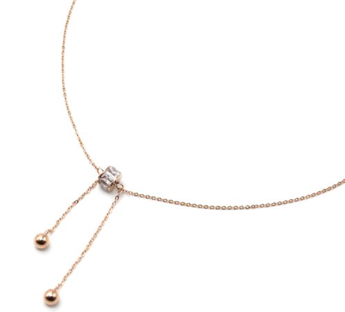 Collier-Pendentif-Y-Anneau-Pierres-avec-Chaines-et-Boules-Acier-Or-Rose