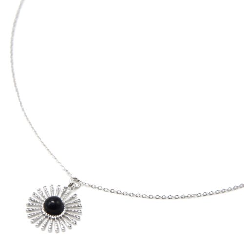 Collier-Pendentif-Soleil-Motif-Points-Acier-Argente-et-Pierre-Noire