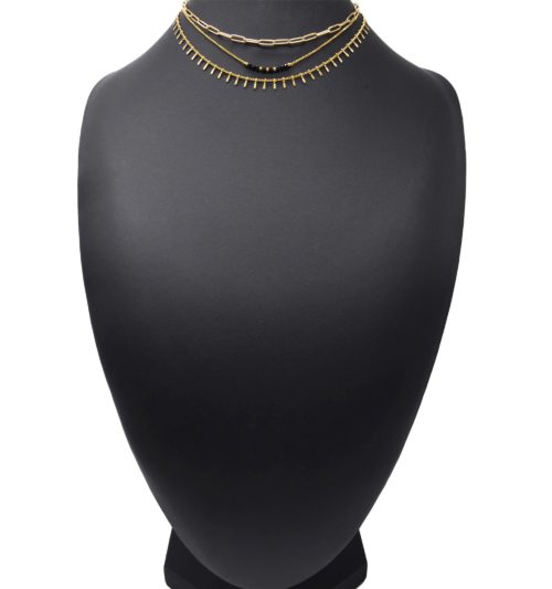 Collier-Triple-Chaines-Maillons-Perles-Noires-et-Pampilles-Carreaux-Acier-Dore