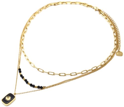 Collier-Triple-Chaines-Maillons-Perles-et-Pierre-Noire-Soleil-Acier-Dore