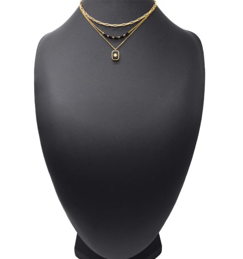 Collier-Triple-Chaines-Maillons-Perles-et-Pierre-Noire-Soleil-Acier-Dore