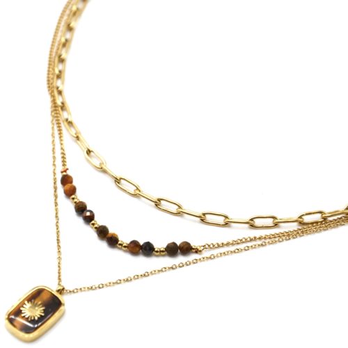 Collier-Triple-Chaines-Maillons-Perles-et-Pierre-Marron-Soleil-Acier-Dore