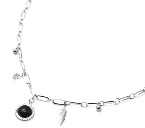 Collier-Chaine-Maillons-Pendentif-Pierre-Noire-Soleil-et-Plume-Acier-Argente