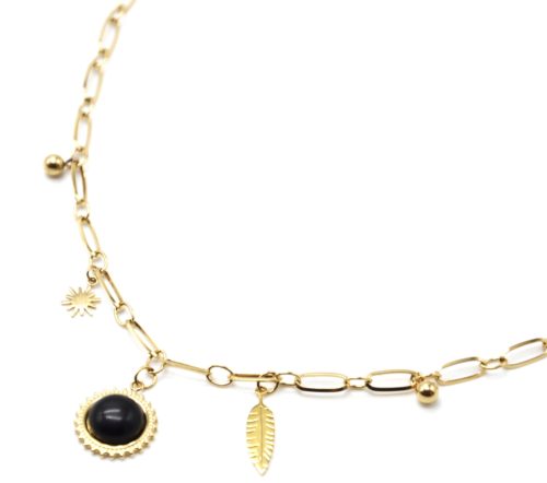 Collier-Chaine-Maillons-Pendentif-Pierre-Noire-Soleil-et-Plume-Acier-Dore