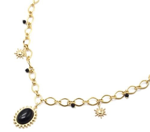 Collier-Chaine-Maillons-Pendentifs-Pierre-Ovale-Noire-Points-et-Soleils-Acier-Dore