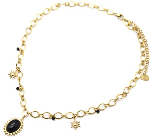 Collier-Chaine-Maillons-Pendentifs-Pierre-Ovale-Noire-Points-et-Soleils-Acier-Dore