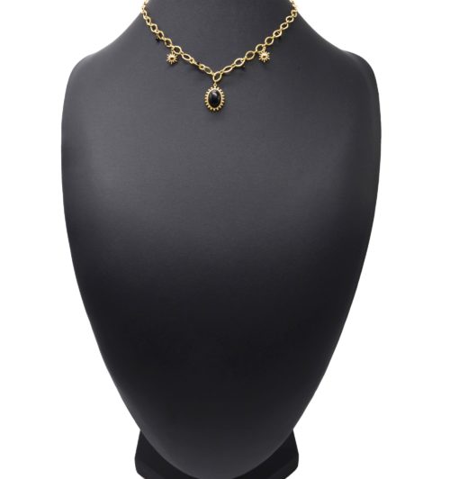 Collier-Chaine-Maillons-Pendentifs-Pierre-Ovale-Noire-Points-et-Soleils-Acier-Dore