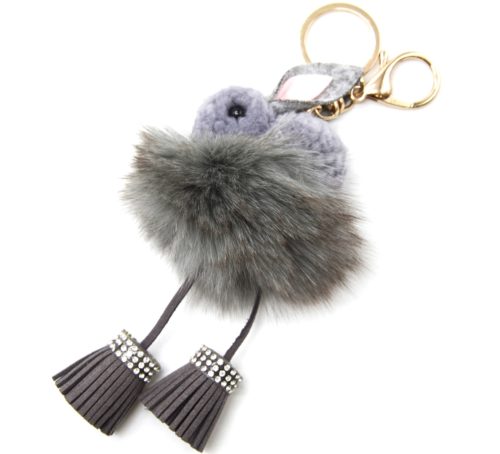 Porte-Cles-Bijou-de-Sac-Lapin-Effet-Laine-avec-Pompon-et-Franges-Grises