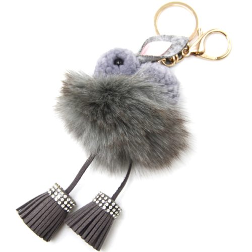 Porte-Cles-Bijou-de-Sac-Lapin-Effet-Laine-avec-Pompon-et-Franges-Grises