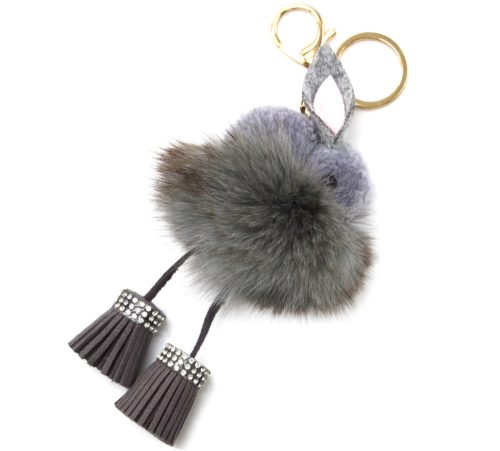 Porte-Cles-Bijou-de-Sac-Lapin-Effet-Laine-avec-Pompon-et-Franges-Grises