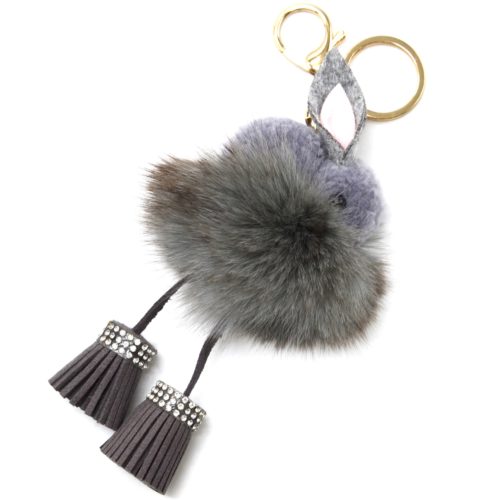 Porte-Cles-Bijou-de-Sac-Lapin-Effet-Laine-avec-Pompon-et-Franges-Grises