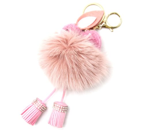 Porte-Cles-Bijou-de-Sac-Lapin-Effet-Laine-avec-Pompon-et-Franges-Roses