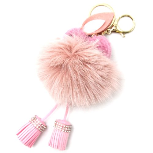 Porte-Cles-Bijou-de-Sac-Lapin-Effet-Laine-avec-Pompon-et-Franges-Roses