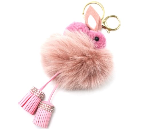 Porte-Cles-Bijou-de-Sac-Lapin-Effet-Laine-avec-Pompon-et-Franges-Roses