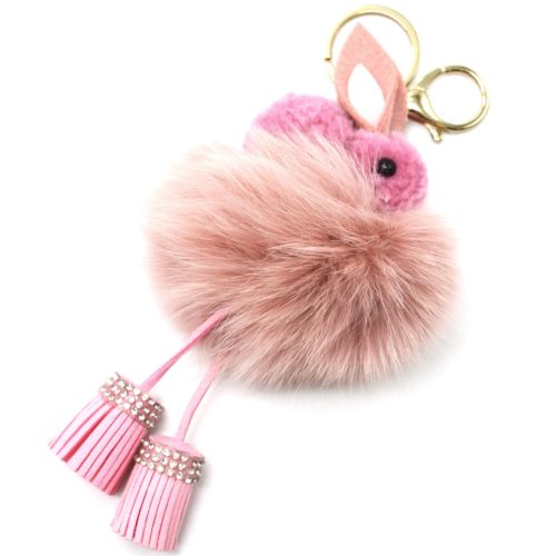 Porte-Cles-Bijou-de-Sac-Lapin-Effet-Laine-avec-Pompon-et-Franges-Roses